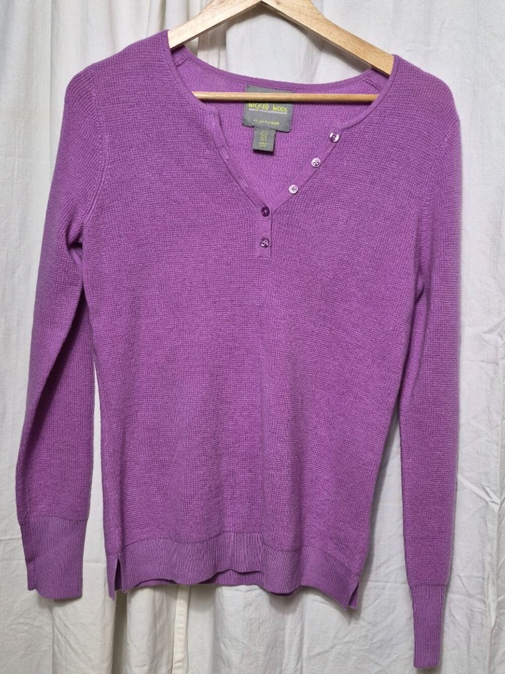 Wicked Wool Small Purple Knit Henley Quarter Button Casual Work Party Classic To